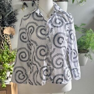 Tweeds Linen Embroidered White Tailored Blouse | Size Small